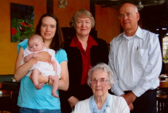 Four generations: daughter Jennifer, Granddaughter Isabel Alice, Alice, Alan's mother Ruth, and husband Alan